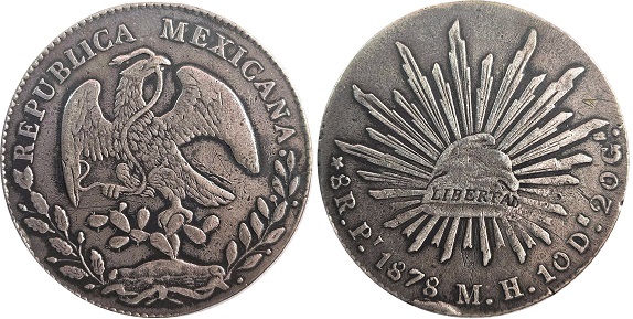 Obverse and reverse of the 1878 Mexico 8 Reals coin